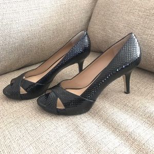 Arturo Chiang black patent leather peep toe heels